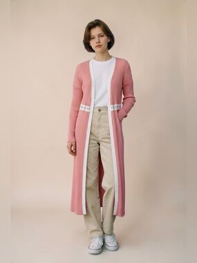 Venus NEW Pink & Cream Open Front Sweater Duster SzM